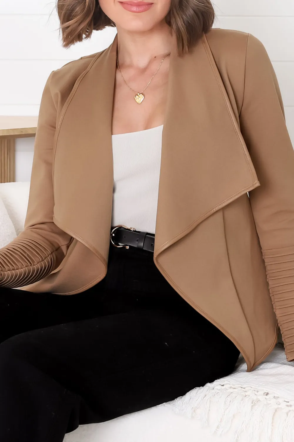 Camel Draped Open Front Jacket