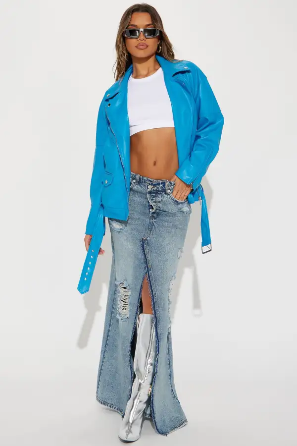 Big Rider Over Sized Faux Leather Moto - Blue