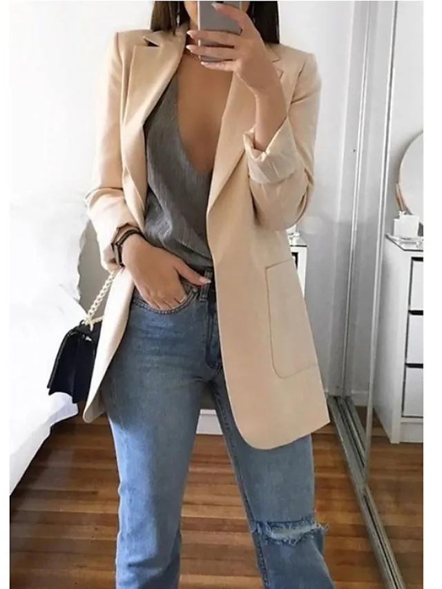 Women's Blazer Casual Pocket Clean Fit Formal Outdoor Daily Wear Polyester Spring Wine Green Black Open Front V Neck Regular Fit S M L XL XXL 3XL / Solid Color