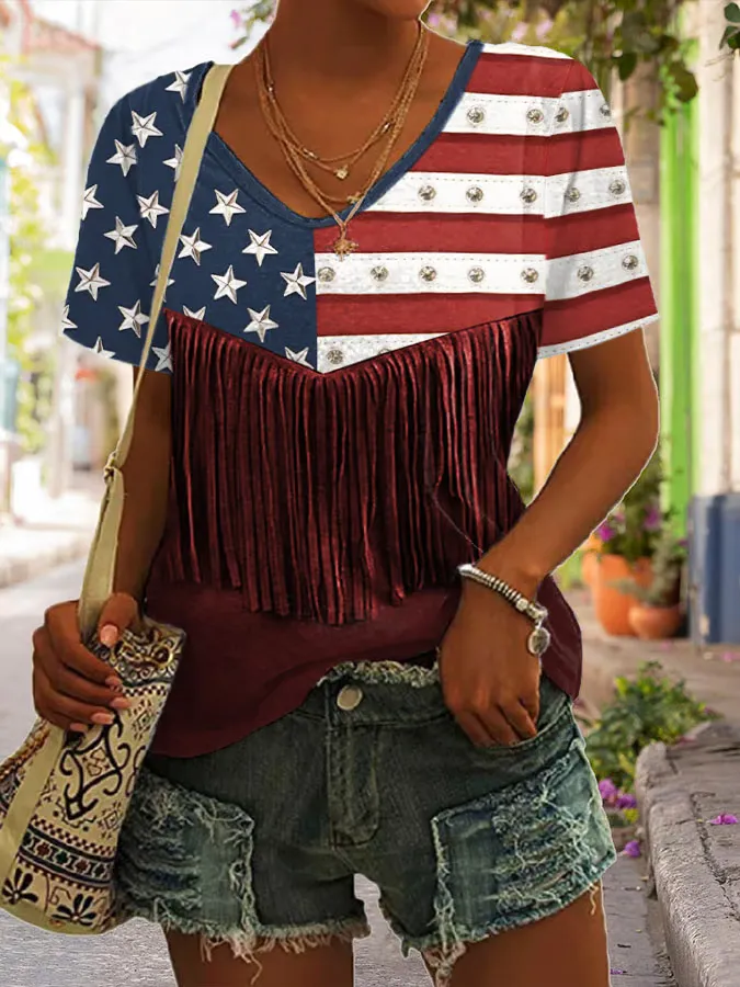Woman'S Star Stripes And Tassel Prints Short-Sleeve V-Neck T-Shirt