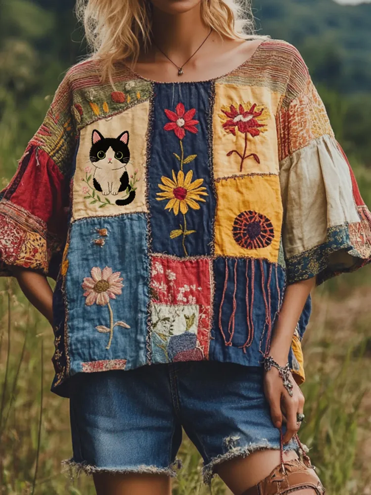 Vintage Abstract Creative Cute Cat In Floral Art Embroidered Cozy Linen Blend T-shirt