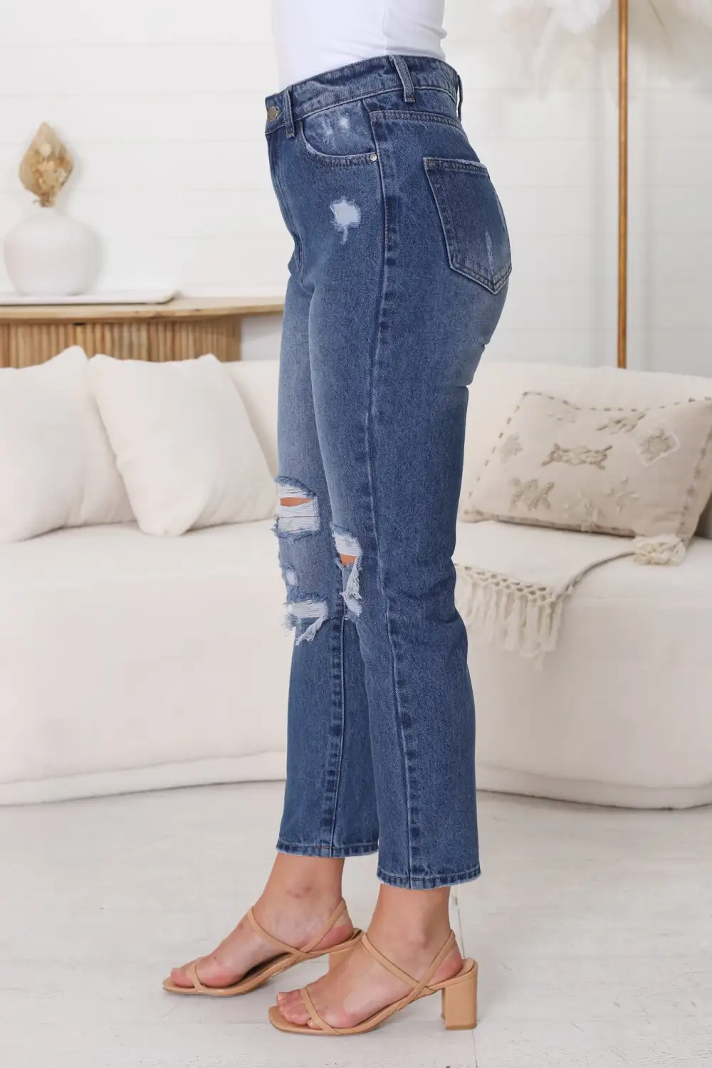 Blue Distressed Knee Rip Skinny Jeans