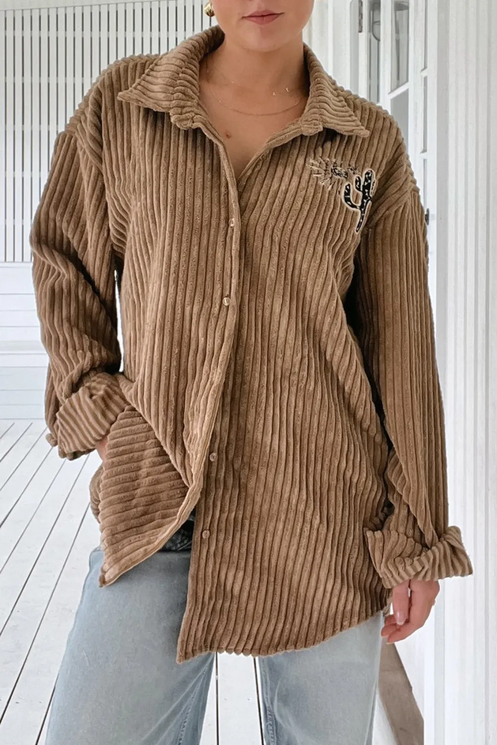 Brown Corduroy Long Sleeve Button Up Jacket