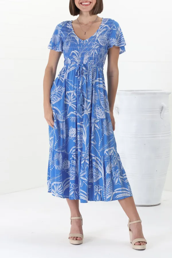 Blue Floral Print Flutter Sleeve Midi Dress