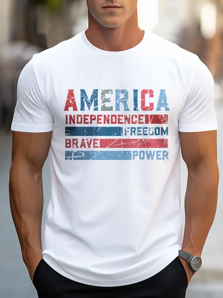 Man'S America Independence Freedom Brave Power Round-Neck Short-Sleeved T-Shirt