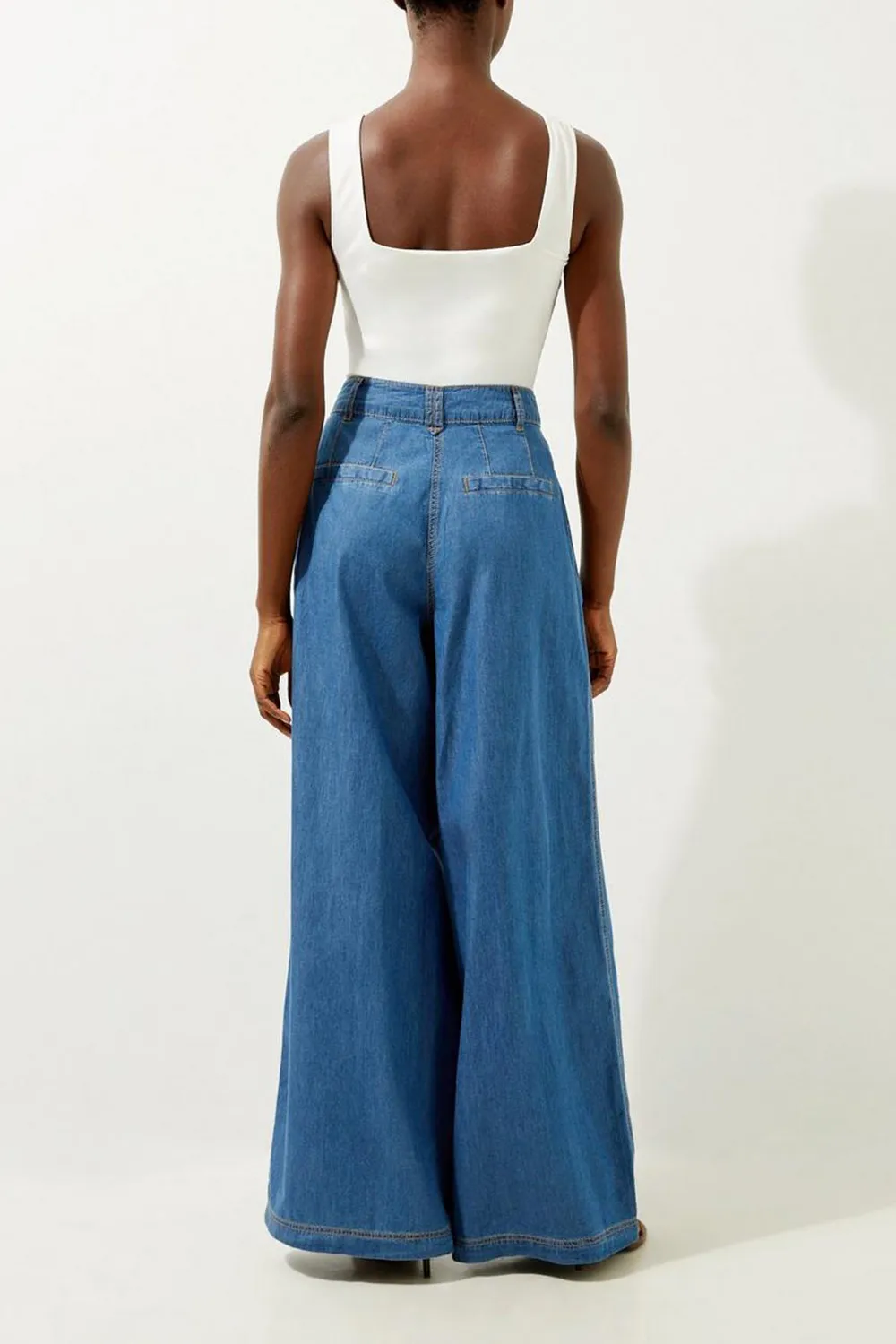 Tailored Chambray Denim Straight Leg Pleated Trousers