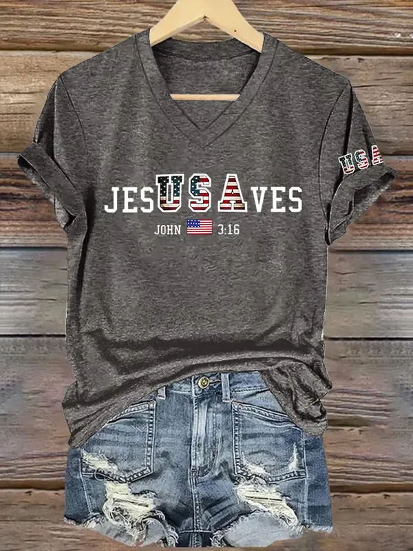 Woman'S Jes Usa Ves John 3:16 V-Neck Short-Sleeve T-Shirt