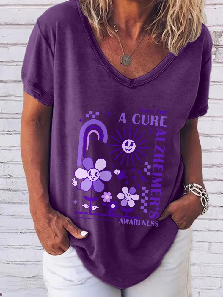 Women'S V-Neck Short-Sleeved T-Shirt Hope For A Cure Alzheimer'S Awareness Prints