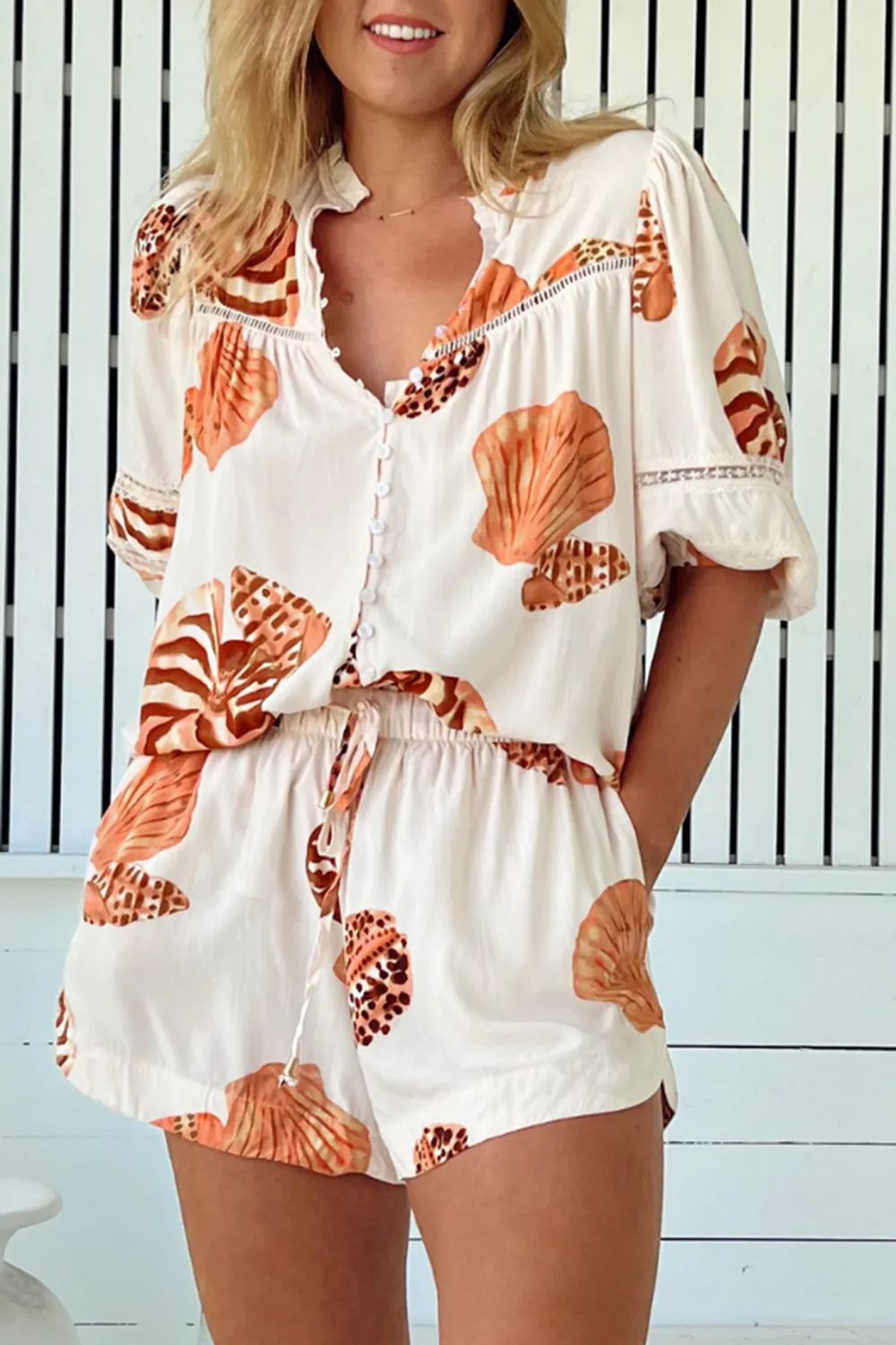 Cream Shell Print Short Sleeve V Neck Blouse