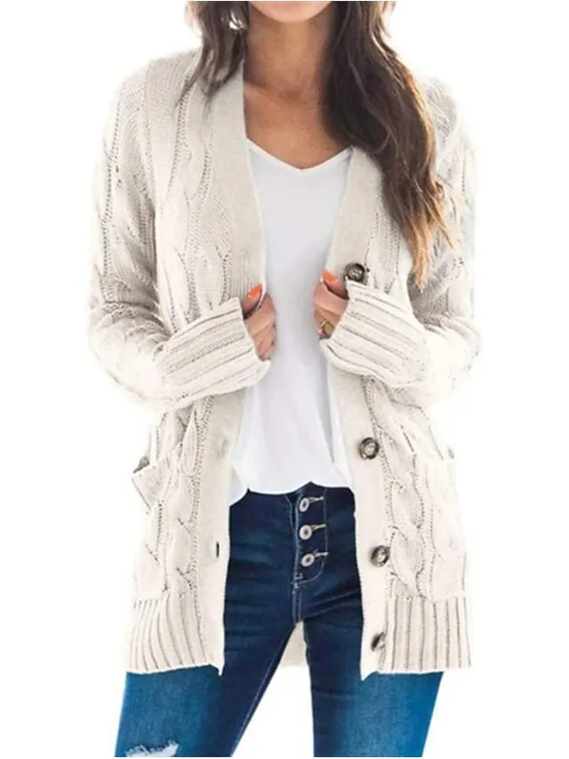 Spring Outfits - Women's Sweater Cardigans & T-Shirt & Scarf Set Cable-Knit Buttoned Cardigan with Pockets and Blouse T shirt Tee Basic