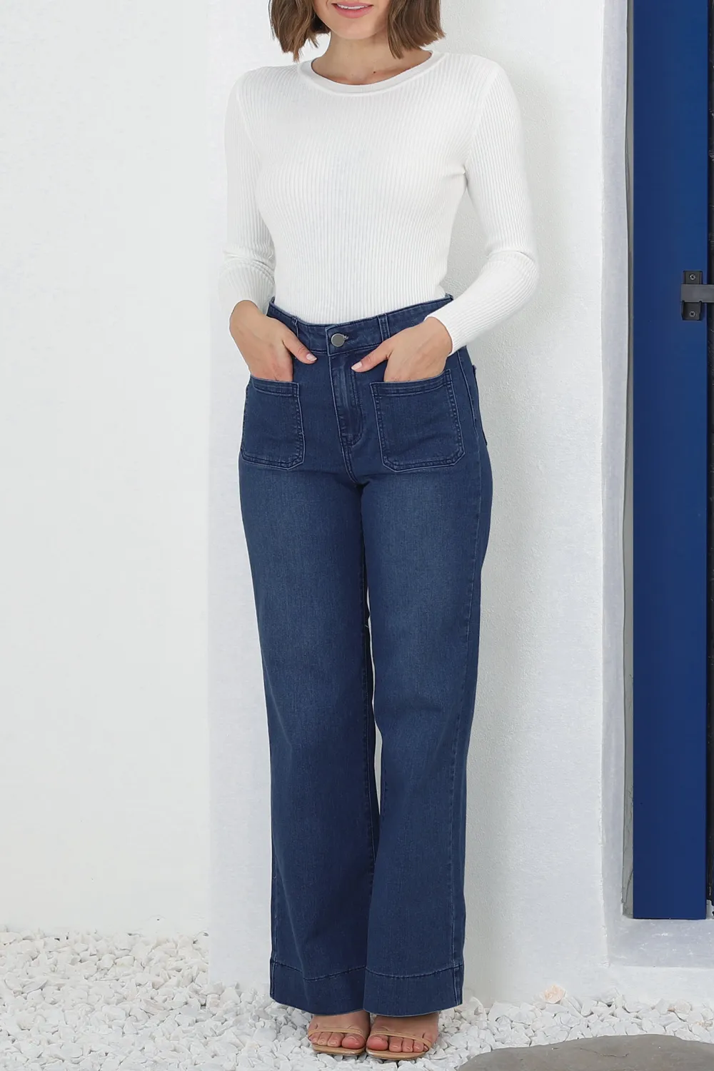 Dark Blue High Waisted Wide Leg Denim Jeans