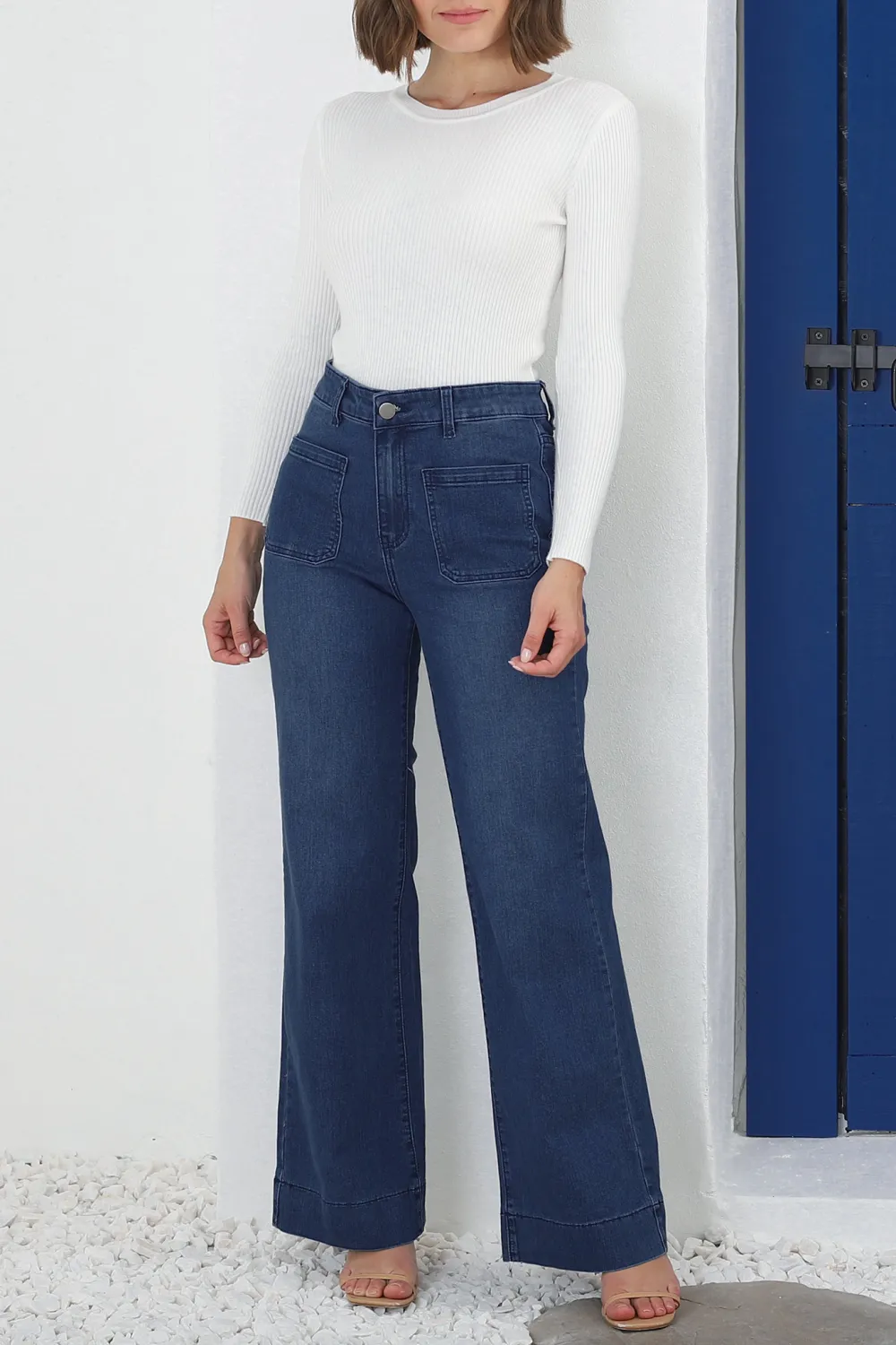Dark Blue High Waisted Wide Leg Denim Jeans