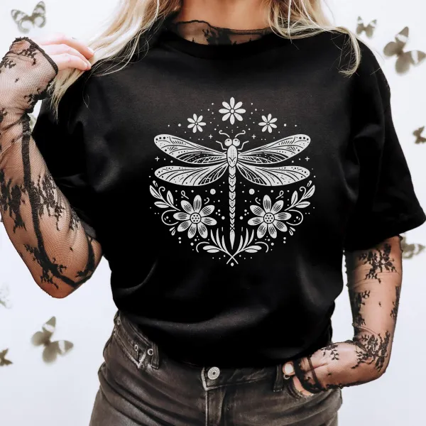 Dragonfly Plant Pattern Casual T-shirt