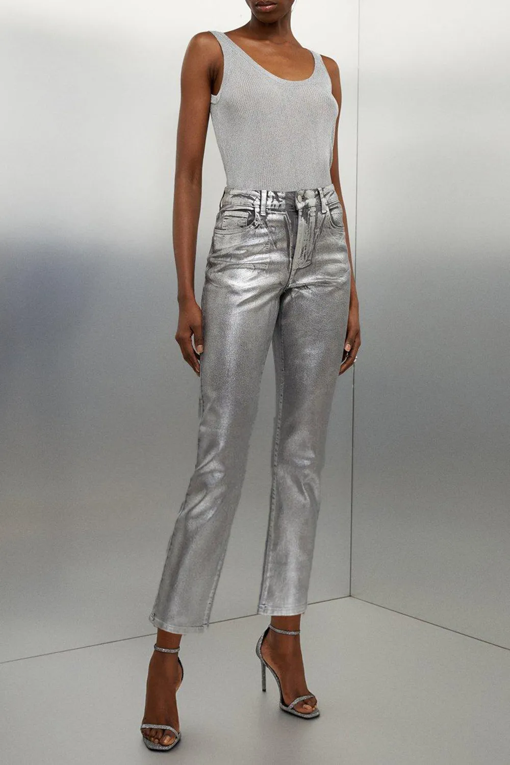 Slim Leg Silver Foiled Trouser