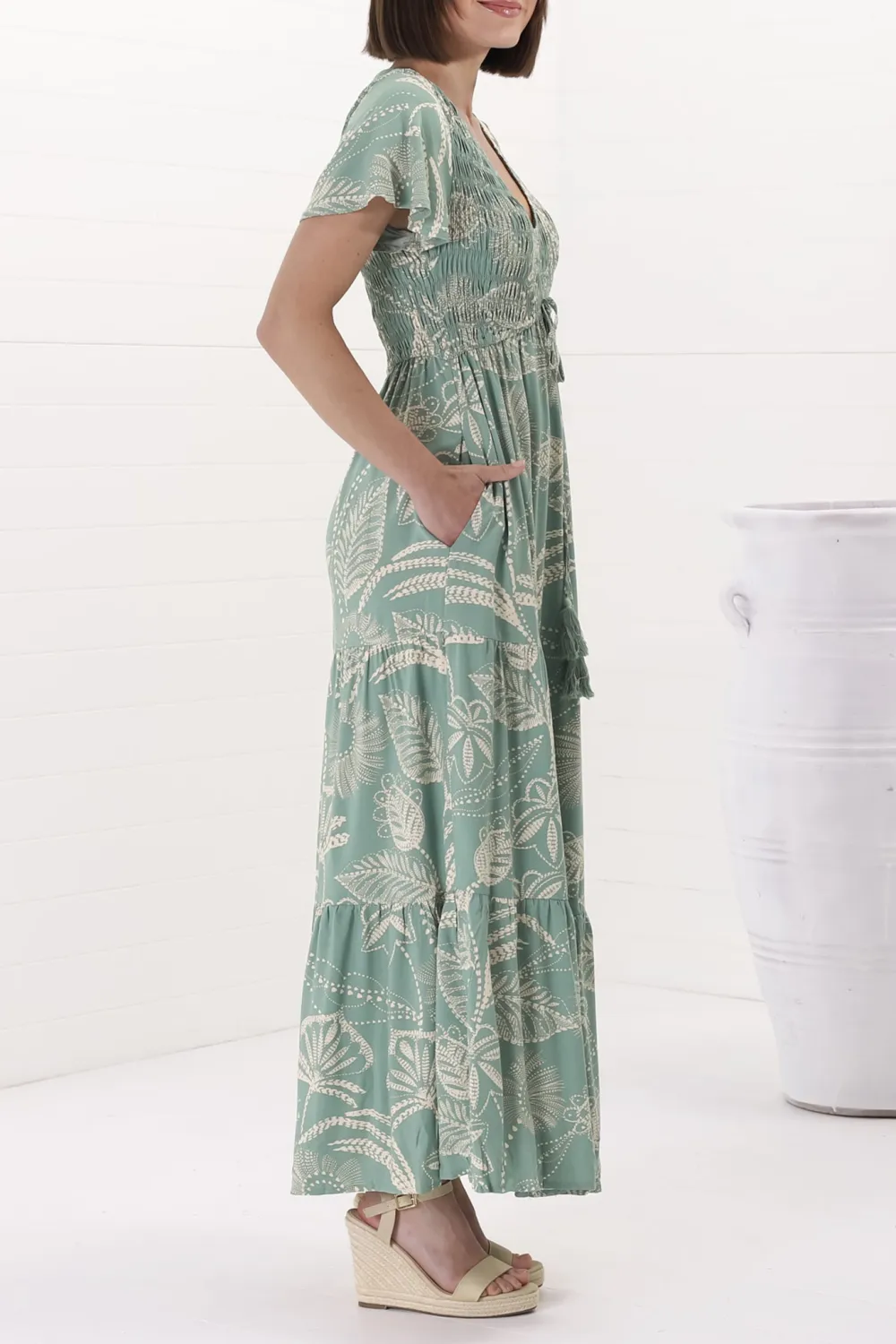 Light Green Leaf Print Tiered Maxi Dress