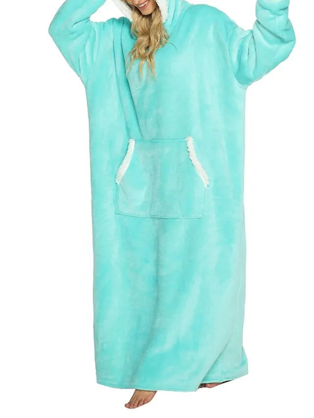 Women's Wearable Blanket Hoodie Blanket Pajama Loungewear Pure Color Warm Plush Casual Home Daily Bed Flannel Warm Breathable Hoodie Long Sleeve Pocket Fall Winter Lake blue Black