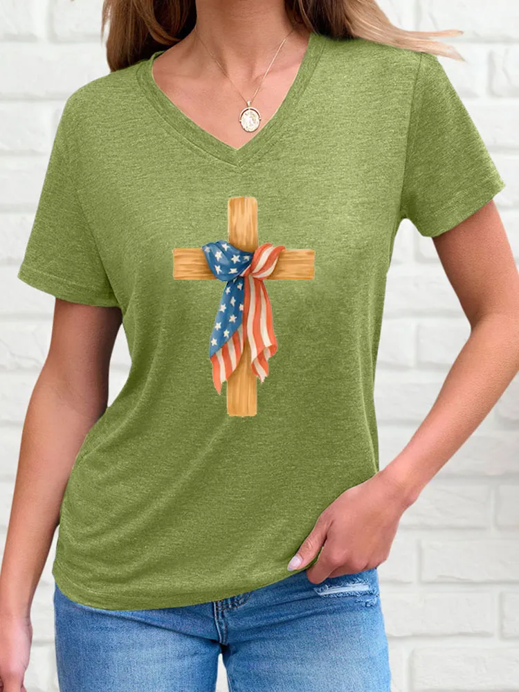 Woman'S Independence Day And Faith Print Short-Sleeved T-Shirt