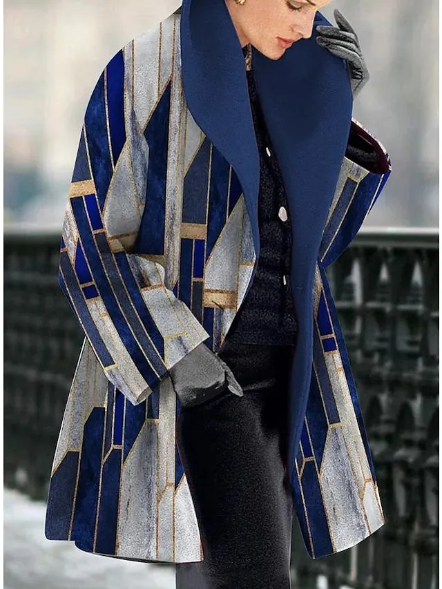 Women's Winter Coat Long Overcoat Single Breasted Lapel Pea Coat Thermal Warm Windproof Trench Coat with Pockets Geometric Print Elegant Oversized Outerwear Fall Outerwear Long Sleeve