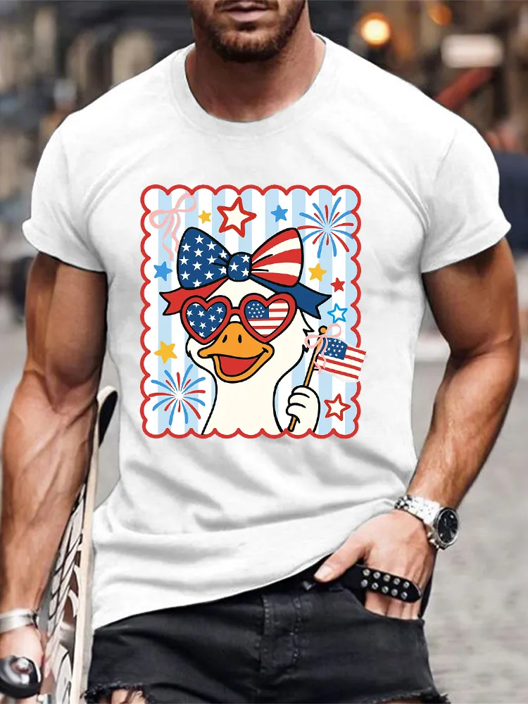 Men'S Independence Day Big White Goose Bow National Flag Round-Neck Short-Sleeved T-Shirt