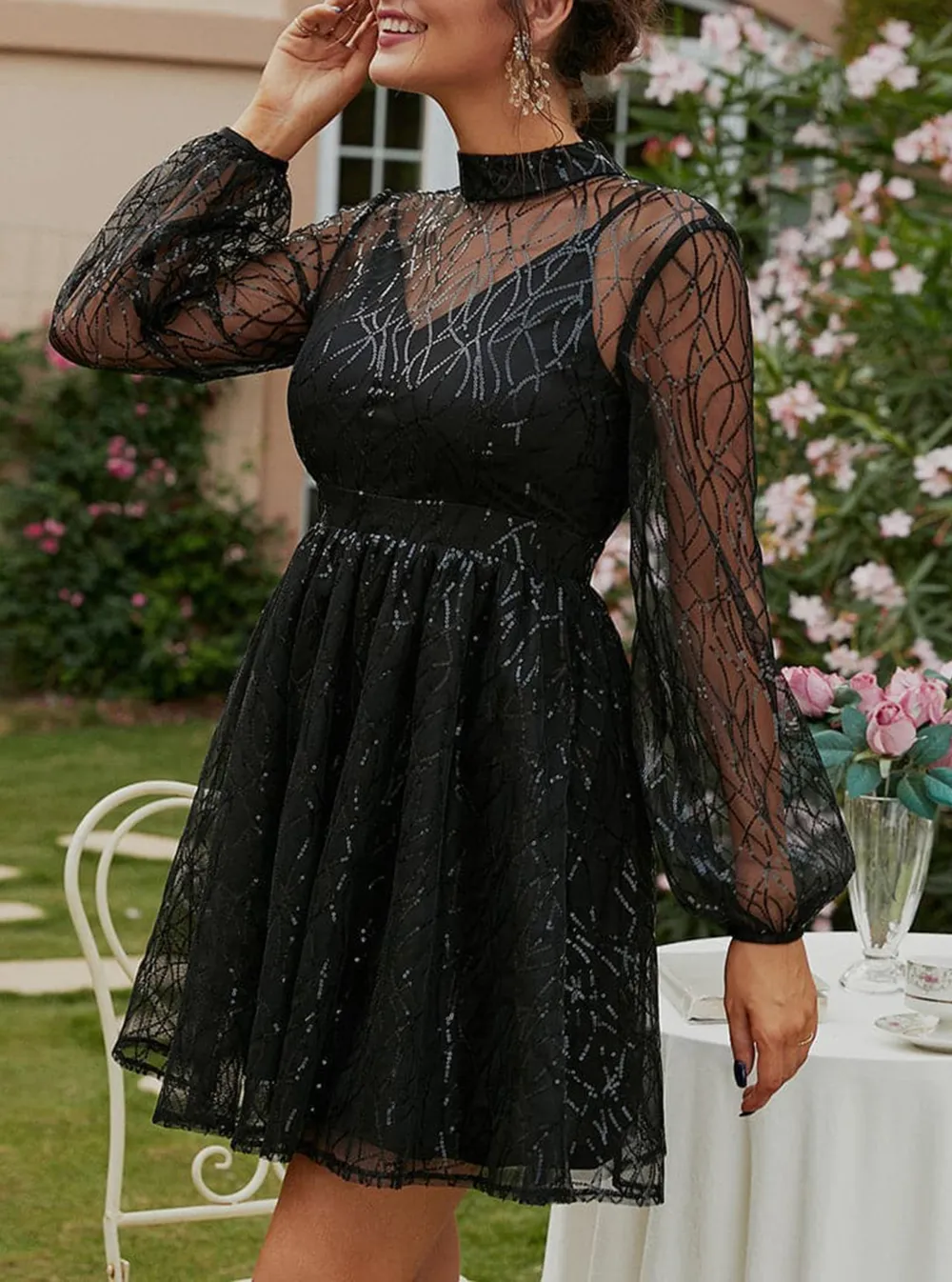 High Neck A-Line Sequin Black Homecoming Dress