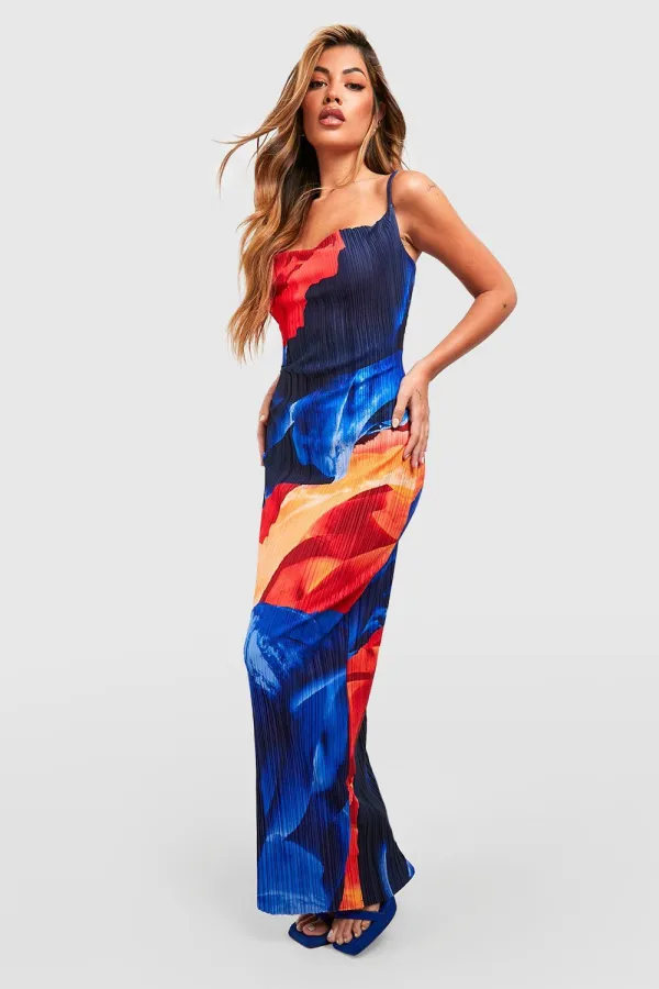 Cowl Neck Abstract Plisse Maxi Dress-BLUE