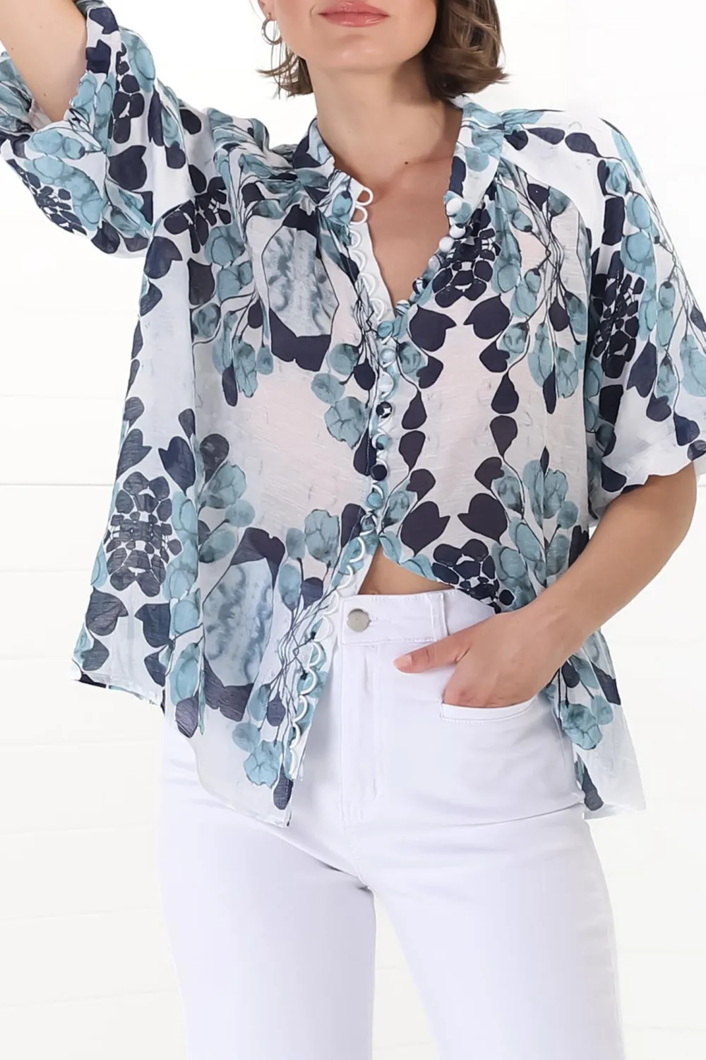 Blue Floral Print Short Sleeve Blouse