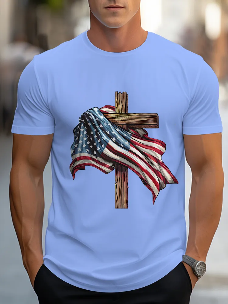 Man'S The Stars And Stripes Cross Print Round-Neck Short-Sleeved T-Shirt
