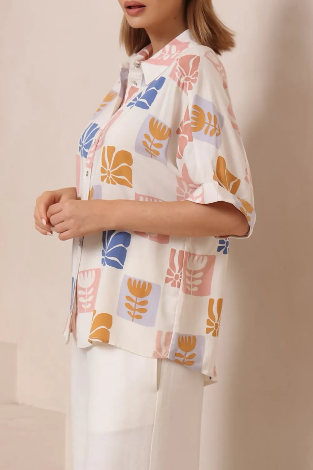 White Color Block Print Short Sleeve Shirt