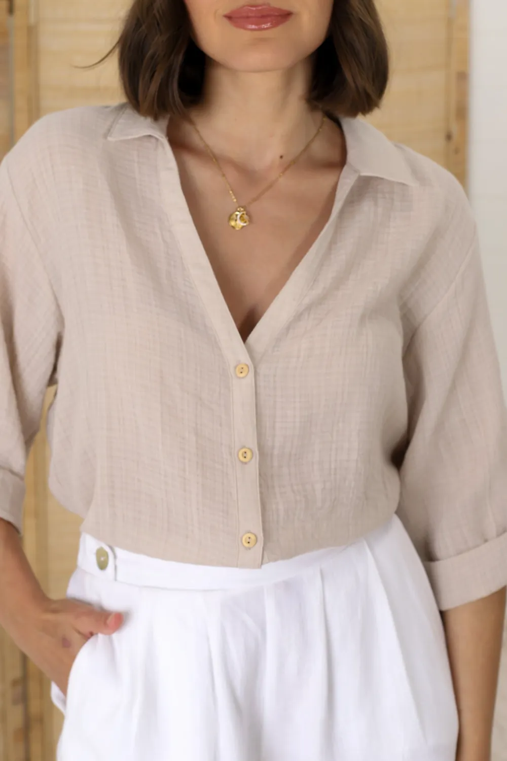 Light Beige Linen Roll Up Sleeve Shirt