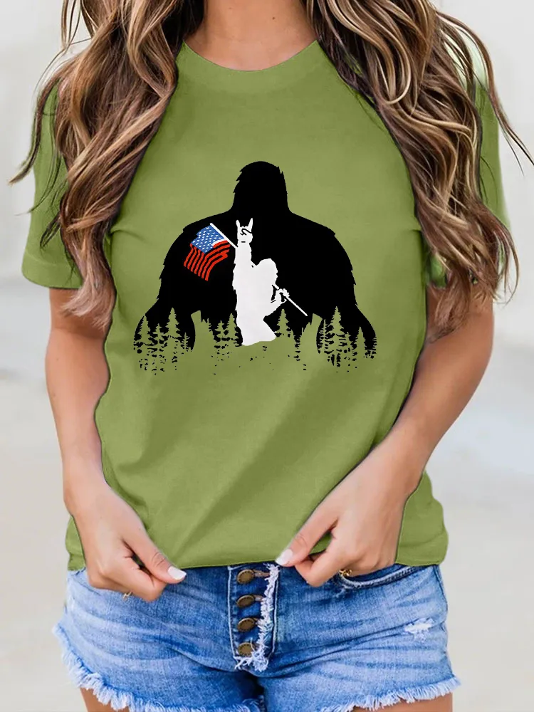 Woman'S National Flags And Animal Silhouettes Round-Neck Short-Sleeved T-Shirt