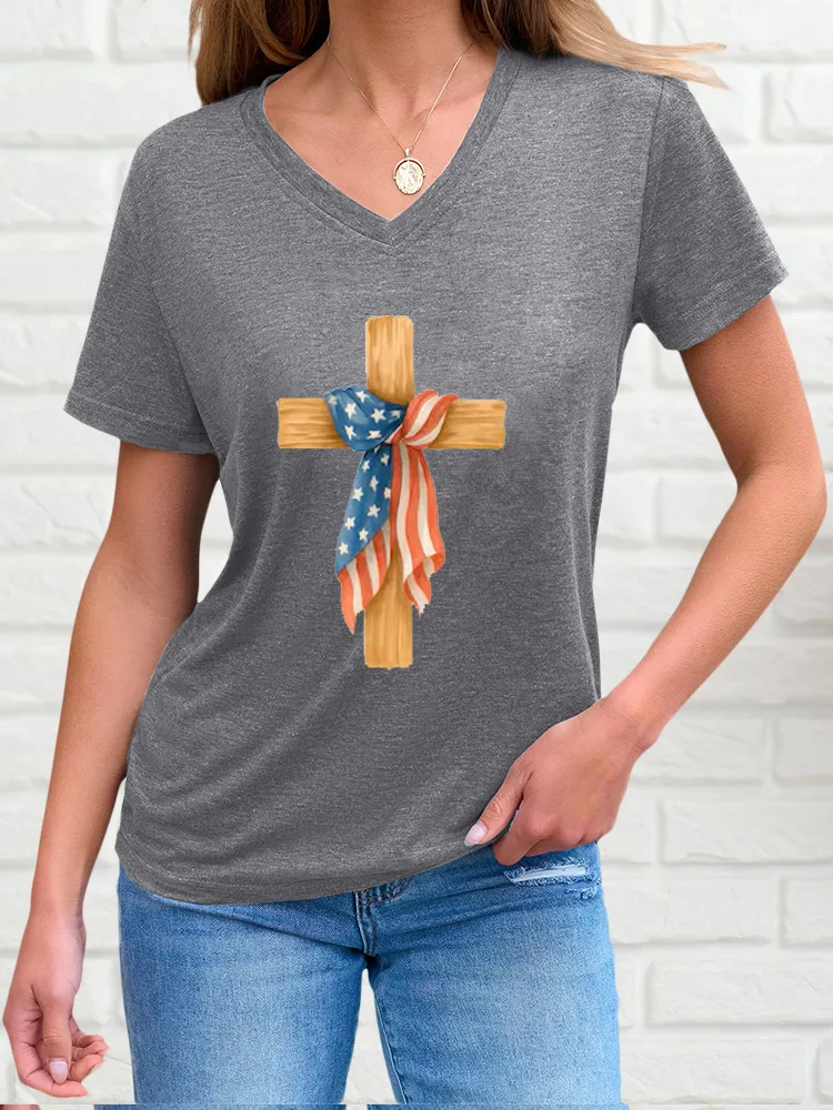 Woman'S Independence Day And Faith Print Short-Sleeved T-Shirt