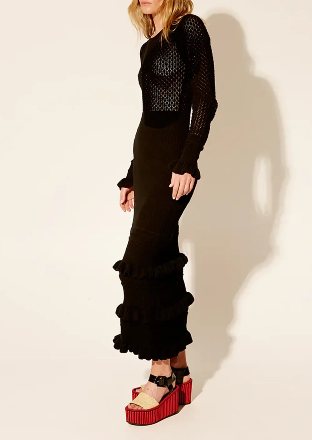 Long Sleeved Knit Ruffled Midi Dress
