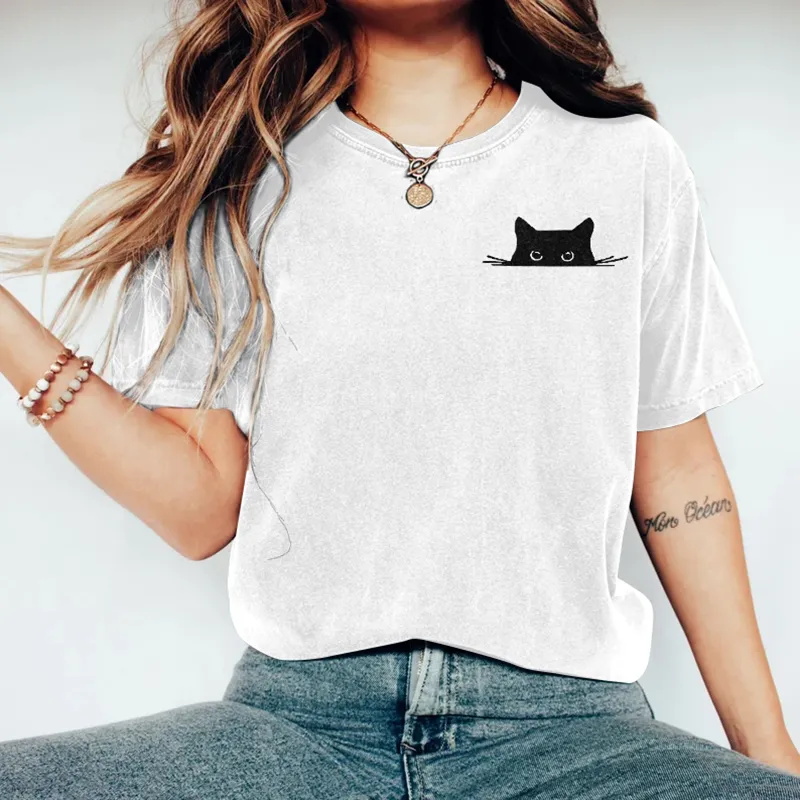 Abstract Creative Embroidered Black Cat Art Print  T-shirt