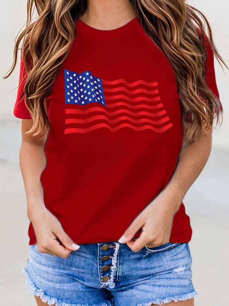 Woman'S Independence Day Flag Print Short-Sleeved T-Shirt