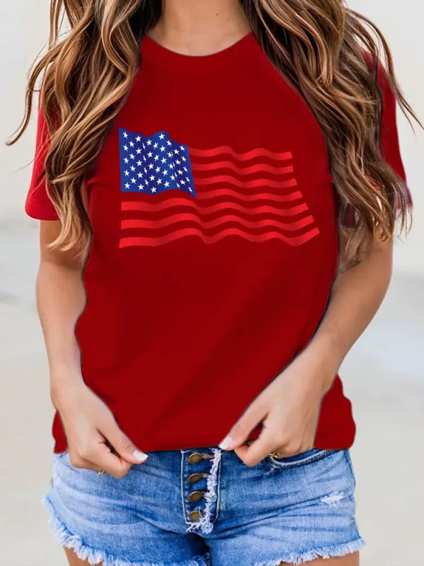 Woman'S Independence Day Flag Print Short-Sleeved T-Shirt