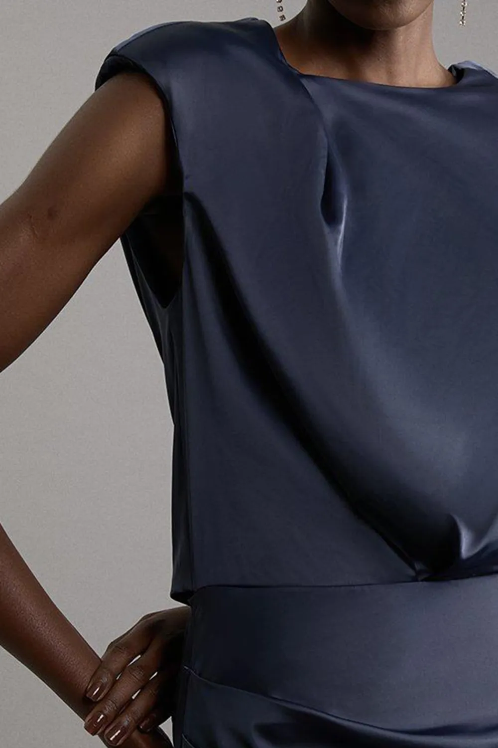 High Neck Sleeveless Satin Drape Woven Midaxi Dress