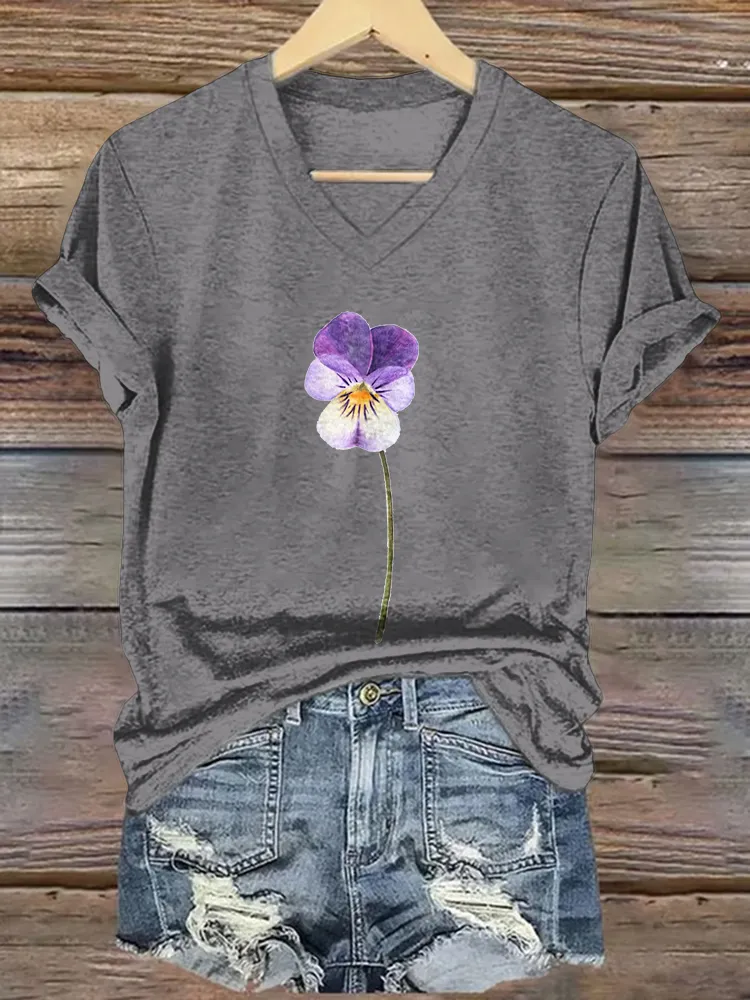 Women'S Floral Printed Alzheimer'S Awareness V-Neck Short-Sleeved T-Shirt