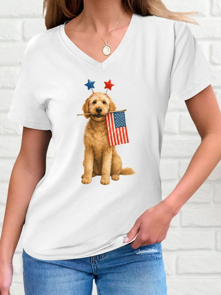 Woman'S Independence Day Puppy T-Shirt Short Sleeves