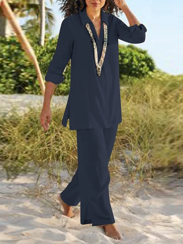 Women's Shirt Pants Sets Black Dark Navy Camel Plain Long Sleeve Casual Daily Vintage Fashion Streetwear V Neck Regular Fit Fall & Winter