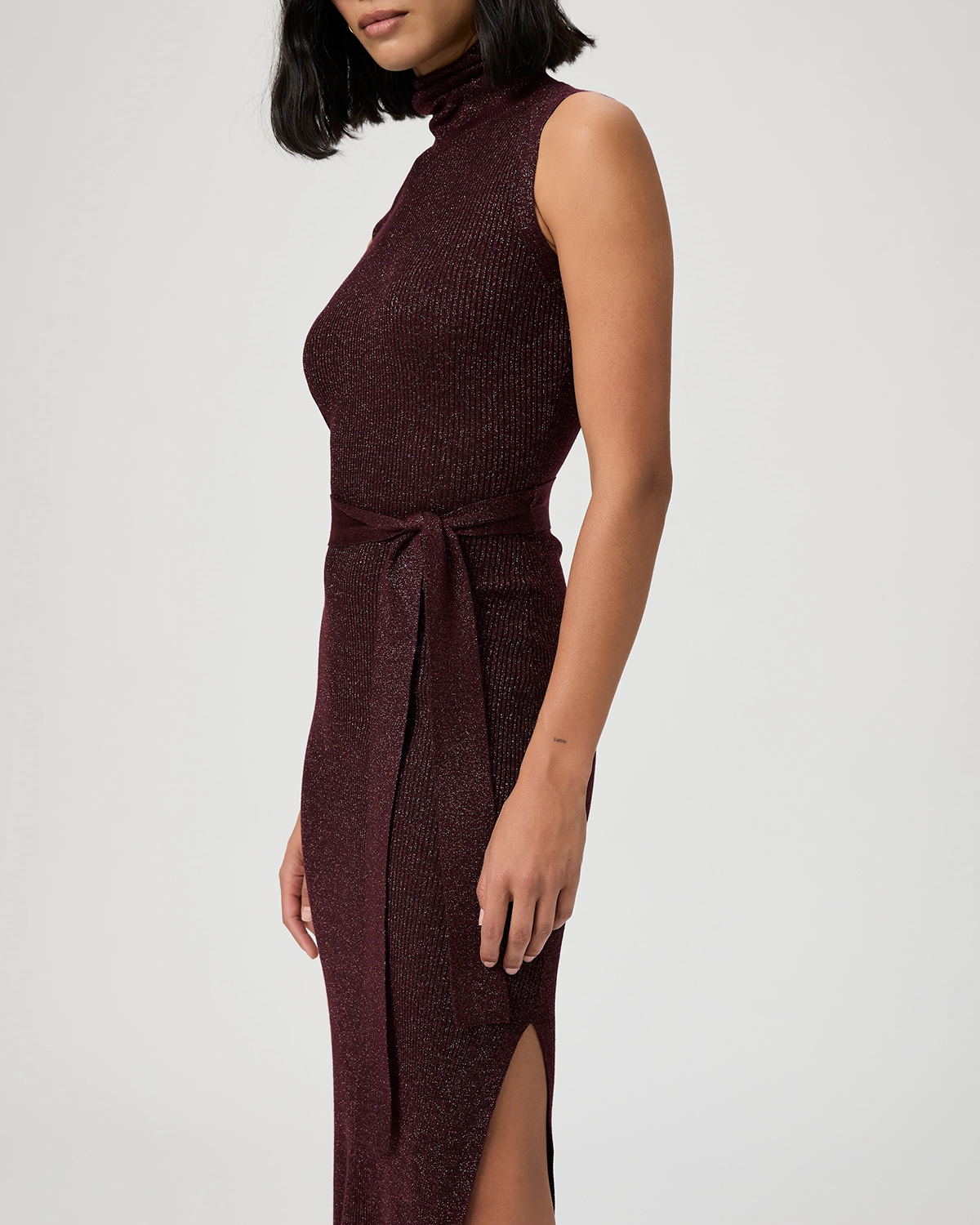 Burgundy Sleeveless Mock Neck Midi Dress