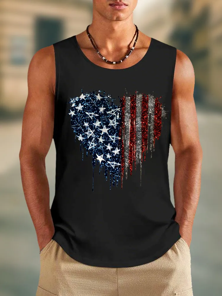 Men'S Stars And Stripes Heart-Shaped Print Round-Necked Sleeveless Vest