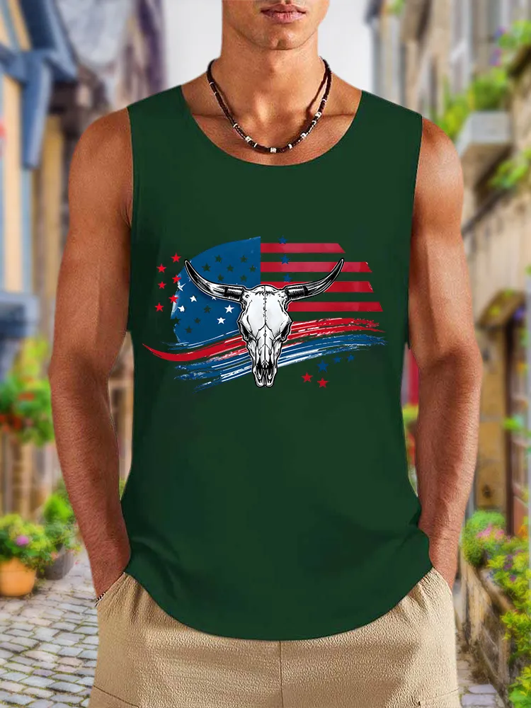 Men'S National Flag And Bull Head Print Round-Necked Sleeveless Vest
