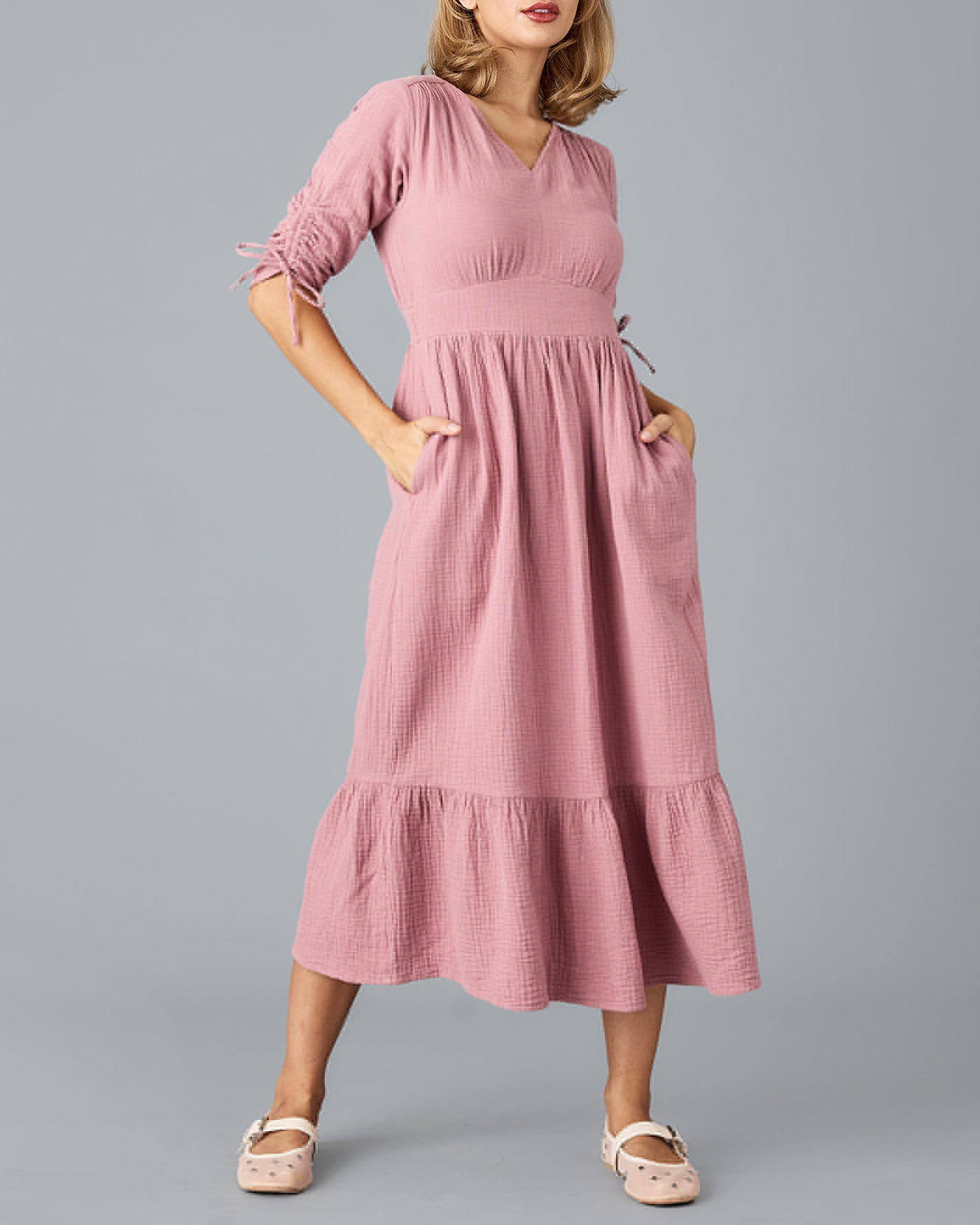 Pink Side Pockets Midi Dress