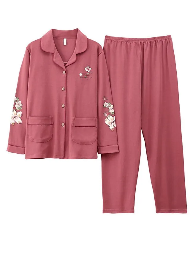 Women's Pajamas Pajama Top and Pant Sets Letter Flower Tights / Leggings Casual Comfort Home Daily Bed Cotton Breathable Lapel Long Sleeve Shirt Pant Button Pocket Summer Fall White Pink