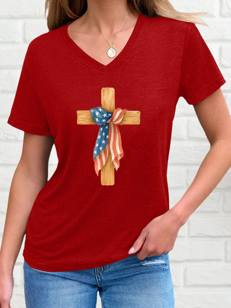 Woman'S Independence Day And Faith Print Short-Sleeved T-Shirt