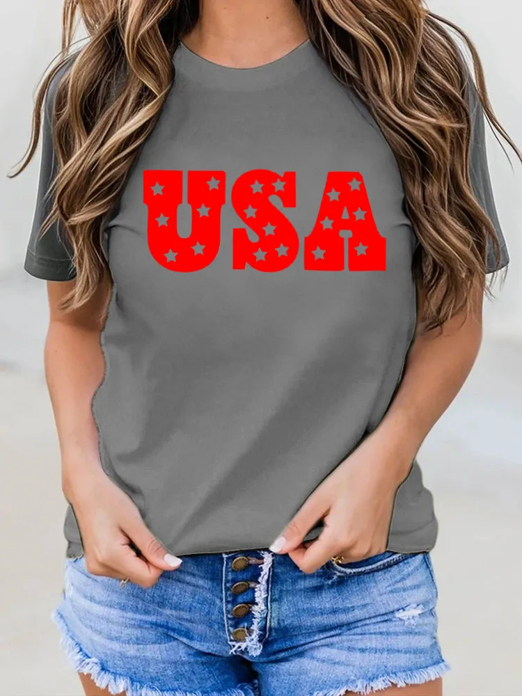 USA Print Round-Neck Short-Sleeved T-Shirt
