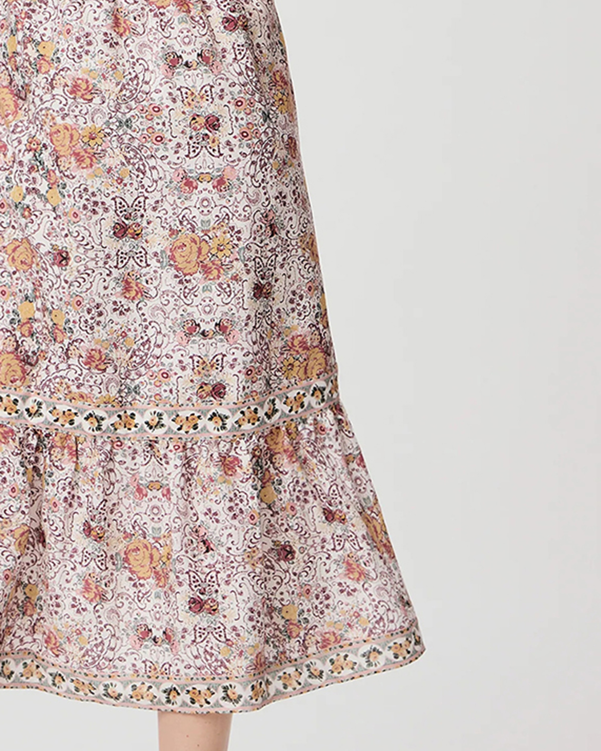 Light Pink And Multicolor Floral Print Square Neck Midi Dress