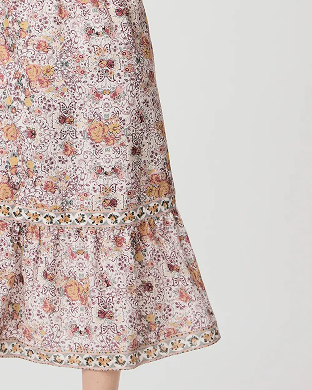 Light Pink And Multicolor Floral Print Square Neck Midi Dress