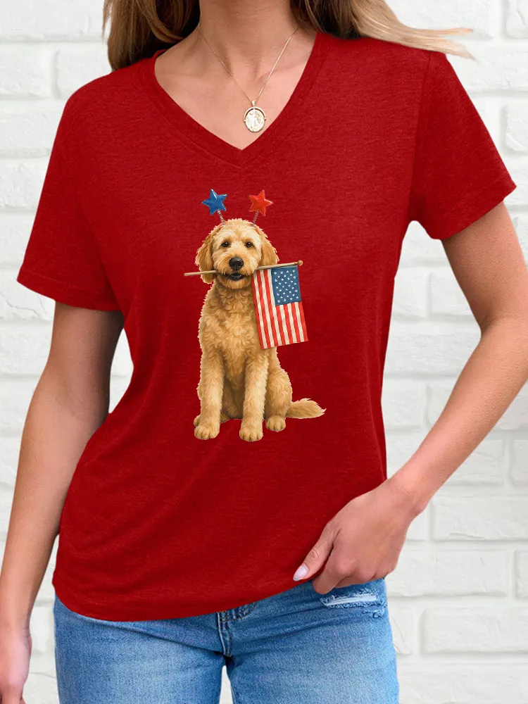 Woman'S Independence Day Puppy T-Shirt Short Sleeves