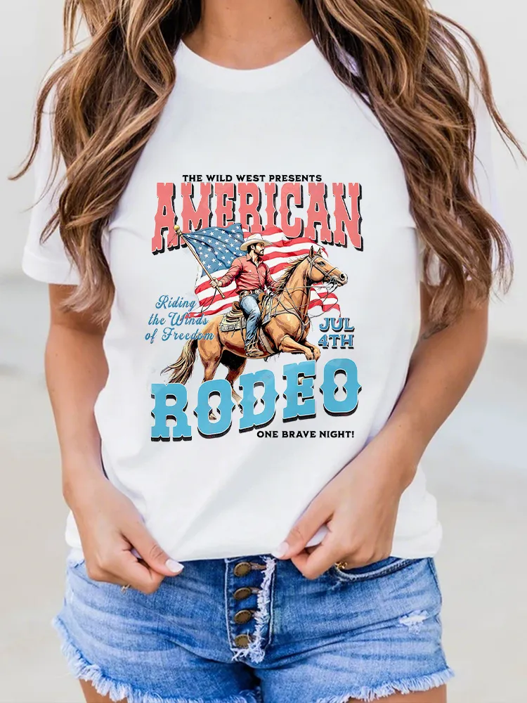 Woman'S American Robeo Round-Neck Short-Sleeved T-Shirt